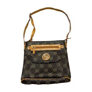 Fashion Shoulder Bag Cross Body Brown Printed PVC Vinyl Trim Adjustable Strap